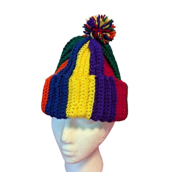 Vintage Rainbow Knit Beanie Hat Cap Pom Clown Umbrella Pattern Unisex - Picture 1 of 3
